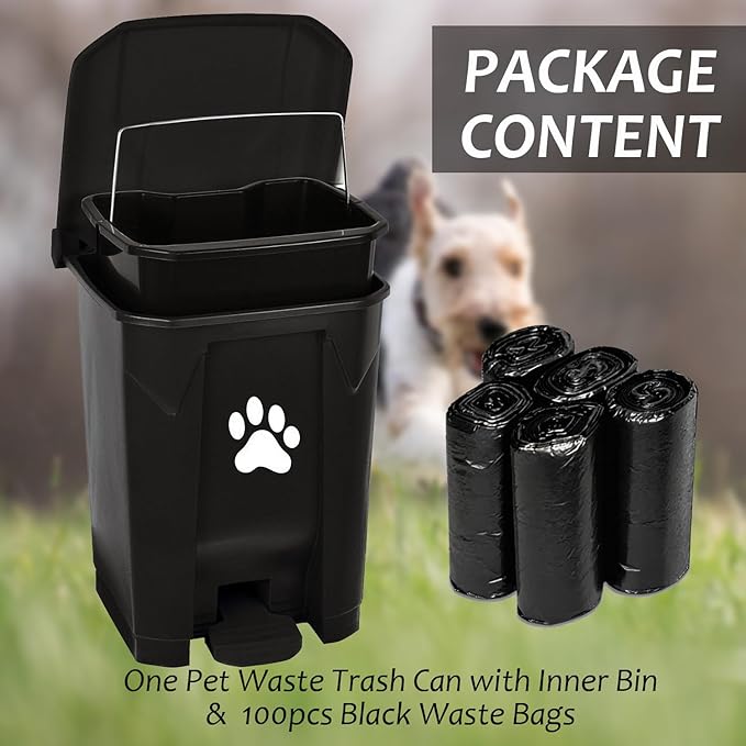 tebiete Dog Poop Trash Can Outdoors Pet Waste Station with Lid Dog Waste Disposal Container with Removable Inner Bin Bucket Hands-Free Pedal Garden Yard Home with 5Rolls Waste Bags, Black