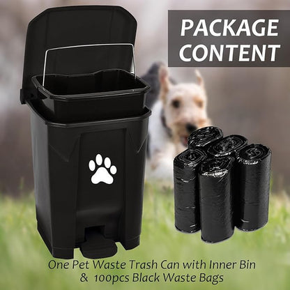 tebiete Dog Poop Trash Can Outdoors Pet Waste Station with Lid Dog Waste Disposal Container with Removable Inner Bin Bucket Hands-Free Pedal Garden Yard Home with 5Rolls Waste Bags, Black