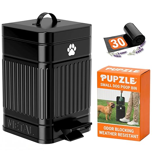 Pupzle Small Dog Poop Trash Can Outside, 1.3 Gal Metal Dog Waste Trash Can, Small Poop Bucket Outdoor with Lid, Poo Container Bin Waterproof Backyard Odor Control, 30 Bags (Black)