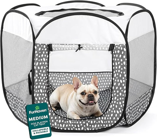 FurHaven Portable Pet Playpen for Dogs & Cats, Foldable Indoor Kitten Playpen with Mesh Sides, Pop Up Travel Dog Pen, Medium, Gray Pebbles