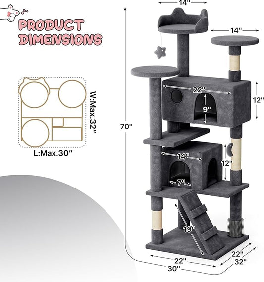 MoNiBloom 70 Inch Cat Tree Tower for Indoor Cats Large Adults, Tall Cat Tower with Scratching Post, Multi-Level Furniture Activity Center with Cat Condo Pet Play House, Smoky Grey