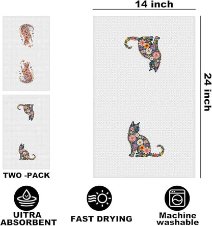 2 Pcs Flower Cat Kitchen Towels, Floral Cat Hand Towel for Bathroom Decor, Kitten Dish Tea Towel for Kitchen Home Bathroom Decor, Pet Gifts for Kitten Lovers Women Girls, 24x14 Inch