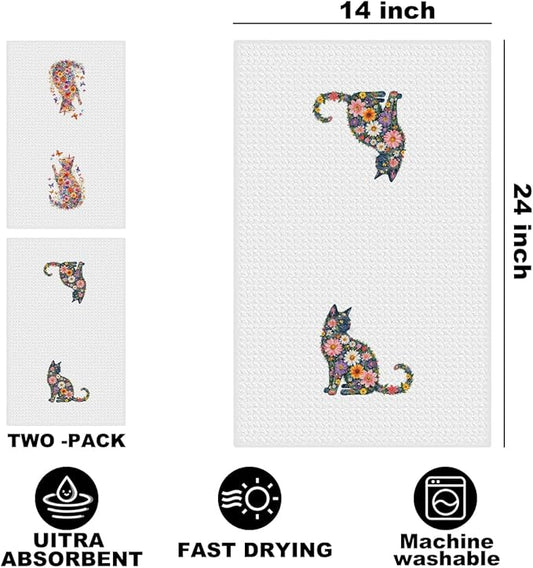 2 Pcs Flower Cat Kitchen Towels, Floral Cat Hand Towel for Bathroom Decor, Kitten Dish Tea Towel for Kitchen Home Bathroom Decor, Pet Gifts for Kitten Lovers Women Girls, 24x14 Inch