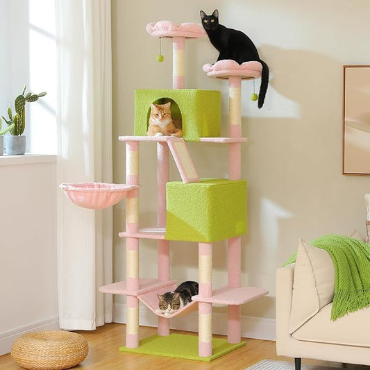 MUTTROS Flower Cat Tree Tall 70.8" for Adult Indoor Cats, 8-Levels Large Cat Tower with 8 Sisal Posts, 2 Hammocks, 2 Condos, Big Perch & 3 Pom Poms for Multi-Cats Household – Carpet Pink