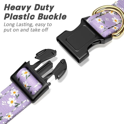 Reflective Dog Collar for Medium Dogs, Cute Flower Theme Adjustable Heavy-Duty Nylon Puppy Collar for Boy and Girl Female, Soft Pet Accessories with Quick Release Buckle, Purple White
