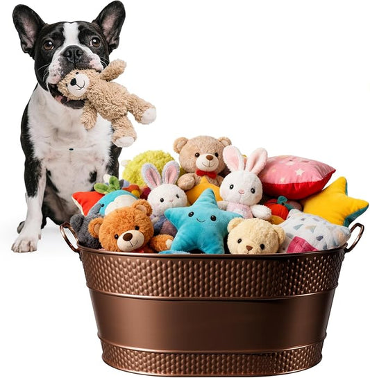 Indestructible Metal Dog Toy Bin: Pet Toy Box Storage Basket for Living Room Area, Beautiful Design and Perfect Size 25-Quart (1 Pack, Oval)