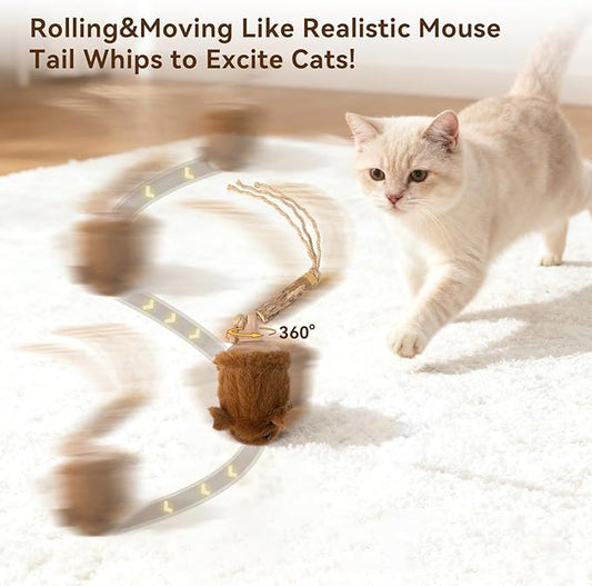 Migipaws Interactive MigiMouse Cat Toy 360° Rolling & Spin with Wiggling Tail for Indoor Cats Smart Motion Sensor, Realistic Squeak, Rechargeable Plush Kitten Toy (Brown)