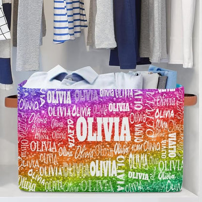 Custom Name Storage Bin, Personalized Rectangular Storage Basket with Handles for Organizing Boys Girls Toys Office Closet Shelf Baskets, Bright Colorful Rainbow Red Green Purple Sequins Glitter