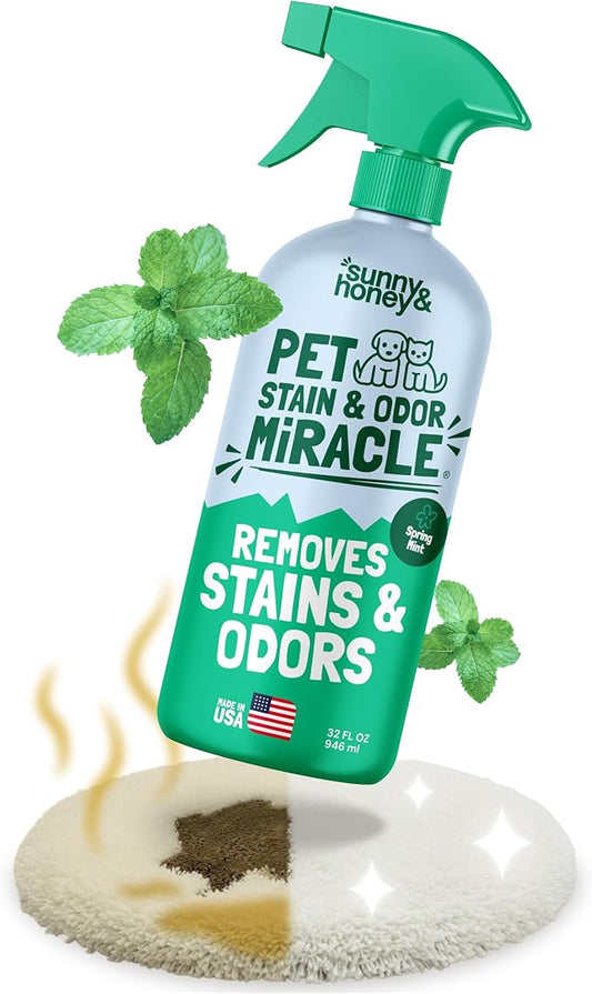 Sunny & Honey Pet Stain and Odor Remover - Enzyme Cleaner for Dog Urine and Poop on Carpets and Furniture - Strong Pet Carpet Cleaner Spray (32fl oz Mint)