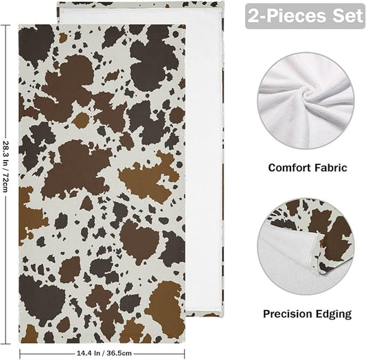 2 Pack Brown Cow Print Hand Towels for Bathroom,Soft Absorbent Rustic Cowhide Farmhouse Animal Skin Pattern Kitchen Towels,Cow Hide Decorative Guest Bathroom Towels for Face,Shower,Gym 14"x28"