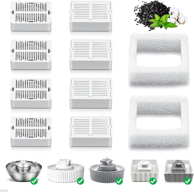 Replacement Carbon Filters for Cepheus 360 Oasisic Ceramic Pet Fountain/iPettie Cupcake/Wonder Creature Aurora and Cup Cake Pet Fountain Including 8 Carbon Filters +2 Foam Filters (10 Pack)