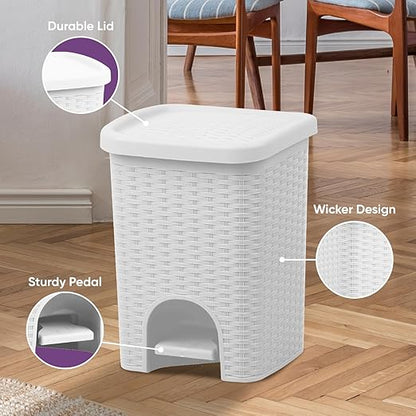 Superio Mini 6L Step Pedal Trash Can - Wicker Design, Hidden Mechanism, Durable Plastic, Ideal for Desktop, Countertop, Pet Waste/Dog Poop - White
