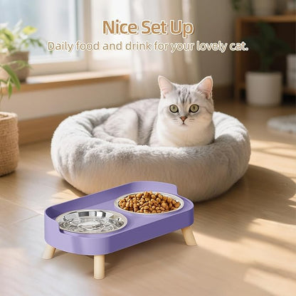 Elevated Cat Bowl, Raised Cat Food and Water Bowl Set for Indoor Cats, Splash Proof with 3 Stainless Steel Pet Food Bowls for Cats and Puppies, Whisker Fatigue and Dishwasher Safe - Purple