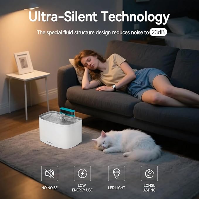 Cat Water Fountain, 122oz/3.6L Pumpless Wireless Cat Fountain, Cordless Water Fountains for Cats Indoor, Battery Operated Dog Pet Water Fountain with Stainless Steel Tray (White, Fountain+2 Fliters)