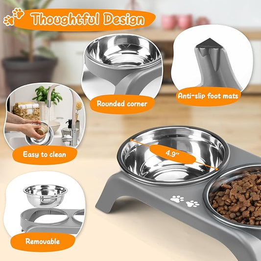 Elevated Dog Bowls for Small Dogs, 3” High Raised Dog Bowl Stand with Dual 5” Stainless Steel Bowls Non-Slip Pet Feeder for Puppy and Cats, Dishwasher Safe, Grey