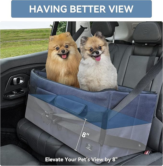 A 4 Pet Dog Car Seat for Medium/Large Dog or 2 Small Dogs, Booster Travel Pet Seat with 2 Safety Seat Belts & Storage Bags, Portable Comfortable Pet Seat for Dogs Under 55 lbs
