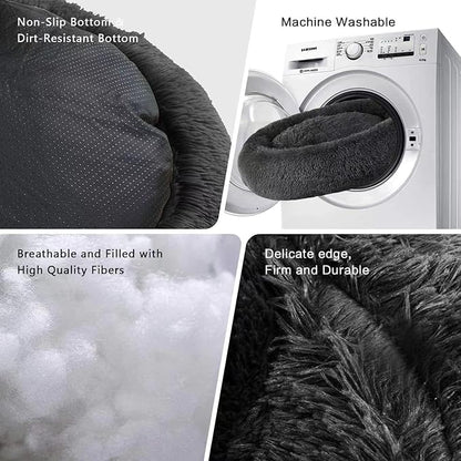 Cat Beds for Indoor Cats - Cat Bed Washable 24 inches, Dog Beds for Small Medium Dogs, Anti Anxiety Round Fluffy Plush Faux Fur Cat Bed, Thick Bottom (Dark, Large 24" L x 24" W)