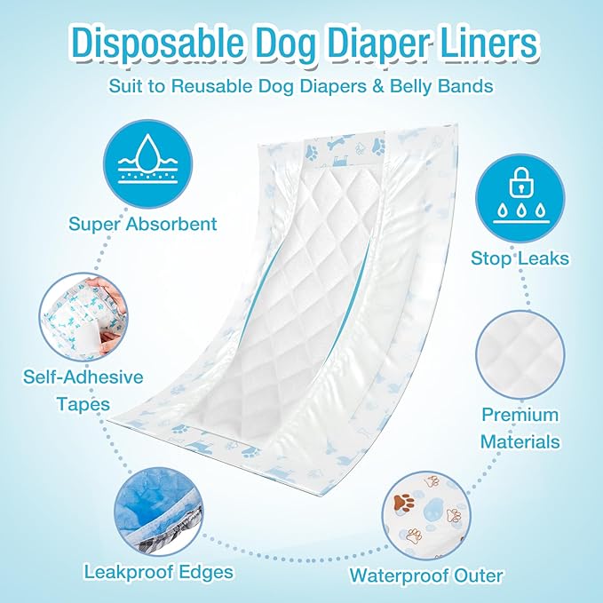 Pet Soft Dog Diaper Liners - Disposable Dog Diaper Booster Pads for Male & Female Dogs fit Most Dog Wraps and Belly Bands Up-Graded (Blue, L-50ct)