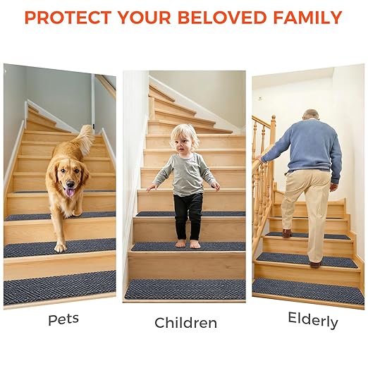BAGAIL 15 Pack Non-Slip Stair Treads for Wooden Steps, 8"x30" Peel and Stick Carpet Stair Runners, Machine Washable Indoor Step Covers with No-Residue Adhesive for Dogs, Kids & Elderly - Dark Gray