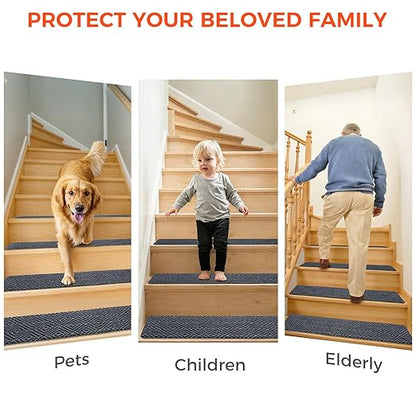 BAGAIL 15 Pack Non-Slip Stair Treads for Wooden Steps, 8"x30" Peel and Stick Carpet Stair Runners, Machine Washable Indoor Step Covers with No-Residue Adhesive for Dogs, Kids & Elderly - Dark Gray