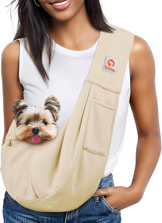 Tomkas Small Dog Sling Carrier - Classic Pocket & Classic Strap - for 3-10 lbs Pets(Cream)