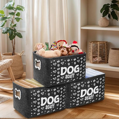 3 Pack Dog Toy Bin Basket, Large Pet Puppy Storage Bin Box with Handles, Collapsible Felt Storage Bin Basket for Dog Toys, Blankets, Pet Supplies Storage, Dog Room Decor