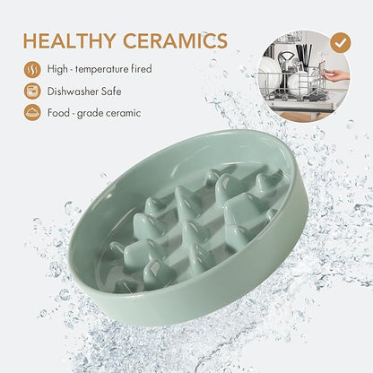 Ceramic 1.6 Cup Dog Raised Slow Feeder Set, Elevated Bowl with Wooden Stand for Medium and Large Dog, 8.2inch Slow Feeder Dish for Fast Easters, Anti-Gulping(Light Green, Single Bowl+ Stand)
