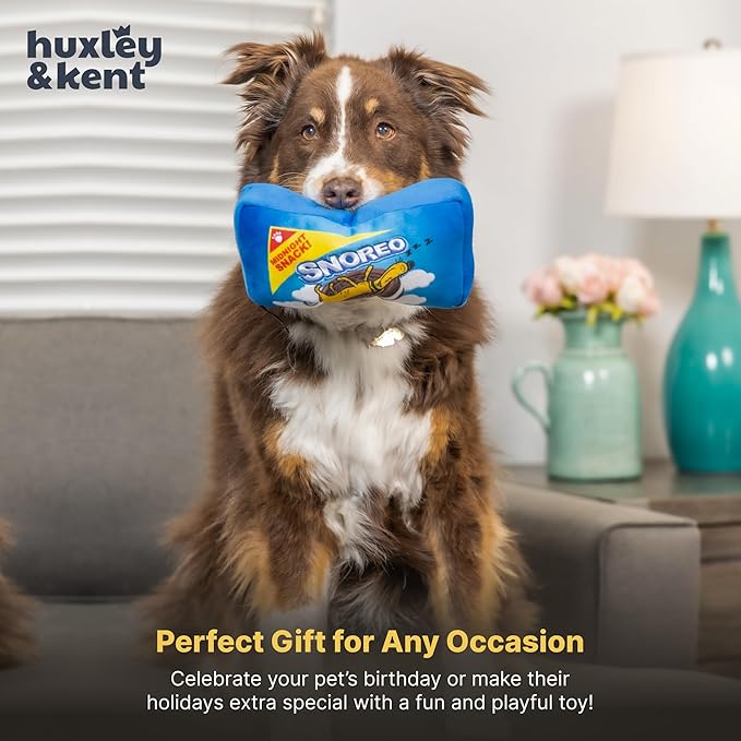 Huxley & Kent Funny Dog Toy w/Squeaker – Power Plush Squeaky Dog Toys for Small, Medium & Large Dogs – Soft Stuffed Animal for Indoor Play & Fetch - Snoreo Cookies, Small