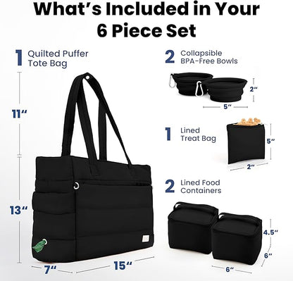 rubyloo Puffer Dog Travel Bag for Dog Moms – Doggy Diaper Bag with Pet Bowls & Food Storage or Everyday Puffy Tote – Doggy Mom Gifts for Women – Lightweight, Travel-Ready Gift for Pet Lovers - Black
