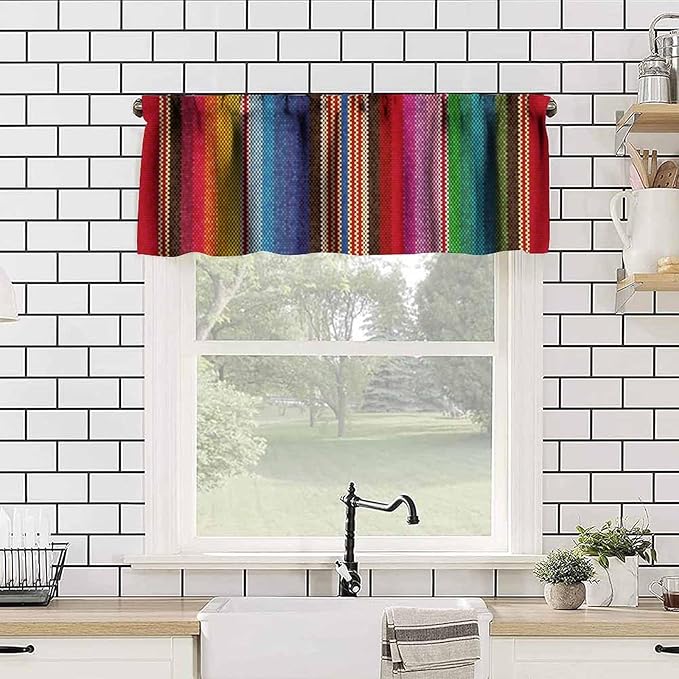 Mexico Valance Curtains Colorful Carpet Stripes Pattern Window Treatment Valances Short Curtains Rod Pocket Drape for Dining Room Home Kitchen Decor, 54x18inch