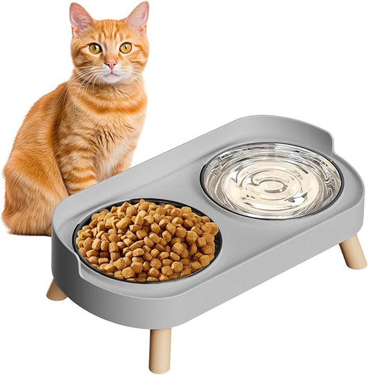 Elevated Cat Bowl, Raised Cat Food and Water Bowl Set for Indoor Cats, Splash Proof with 5 Stainless Steel Pet Food Bowls for Cats and Puppies, Whisker Fatigue and Dishwasher Safe - Grey