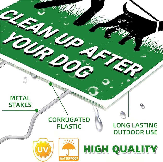 Clean Up After Your Dog Signs, 2 Pack Pick Up Dog Poop Yard Signs with Metal Stakes, Double Sided No Pooping Signs for Yard, UV Protected & Waterproof