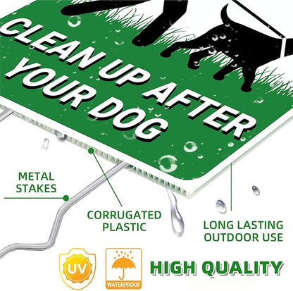 Clean Up After Your Dog Signs, 2 Pack Pick Up Dog Poop Yard Signs with Metal Stakes, Double Sided No Pooping Signs for Yard, UV Protected & Waterproof