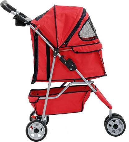 Dkeli 3-Wheel Pet Stroller, Lightweight Foldable Dog Stroller for Small Medium Dogs & Cats, Breathable Mesh & Weather Cover with Storage Basket, for Daily Walk Outdoor Travel (Red)