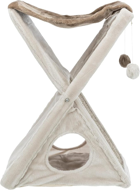 TRIXIE Miguel Fold and Store Cat Hammock, Indoor Cat Furniture with Dangling Toys, Scratching Pad, and Cave, Taupe/Light Gray