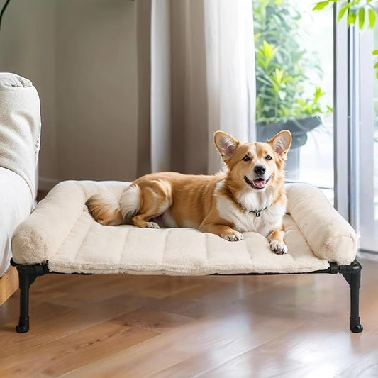Veehoo Orthopedic Elevated Dog Bed + Removable Fluffy Pillow-Top Mat, Plush Dog Bed with Bolster, Breathable Mesh, No-Slip Feet, Portable Raised Dog Bed for Indoor & Outdoor, 32"x25", Medium, CWC2331E