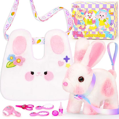 Easter Hopping Bunny Toy for Kids with Crossbody Bags, Interactive Wiggle Ears Rabbit Toy for Girls Trip Pretend Play Robot Pet Care Cute Stuff Plushies Birthday Gifts Easter Basket Stuffers