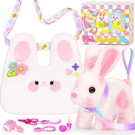 Easter Hopping Bunny Toy for Kids with Crossbody Bags, Interactive Wiggle Ears Rabbit Toy for Girls Trip Pretend Play Robot Pet Care Cute Stuff Plushies Birthday Gifts Easter Basket Stuffers