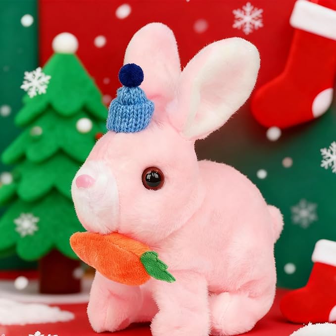 Easfan Bunny Plush Jumping Spotted Pink Rabbit with Hat Hopping Ears Nose Moving Educational Plush Toy Singing Shaking Glowing Interactive Toy Electric for Toddlers Kids