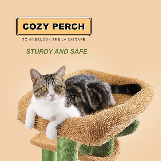 MUTTROS Cactus Cat Tree, Multi-Level Cat Tower with Large Metal Carpet Hammock, Cat Scratching Post for Indoor Cats with Condo & Replaceable Toy Ball, Green