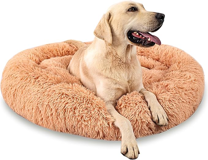 Calming Dog Bed for Big Dogs, 39'' Round Anti-Anxiety Warm Fluffy Plush Faux Fur Bed, Soft Anti-Slip Donut Washable Big Pet Bed, Cozy Big Dogs Bed, Fits up to 100 lbs Pets
