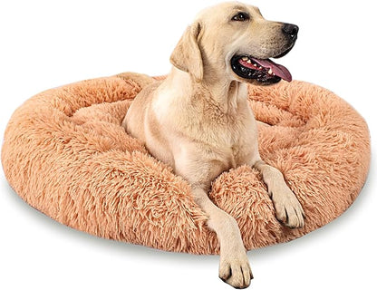 Calming Dog Bed for Big Dogs, 39'' Round Anti-Anxiety Warm Fluffy Plush Faux Fur Bed, Soft Anti-Slip Donut Washable Big Pet Bed, Cozy Big Dogs Bed, Fits up to 100 lbs Pets