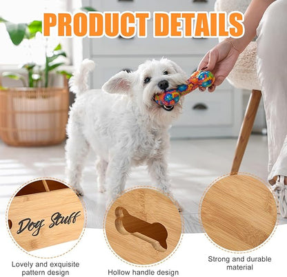 Leinuosen Large Dog Toy Bin Basket, 20 Inch Large Stuff Toy Storage Basket Bin with Bone Handle Cutout Pattern Bamboo Container for Organizing and Storage Dog Leash Chew Toys, (Natural, Divided)