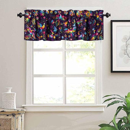 Mexican Style Valances Curtain for Kitchen Cafe, Flowers Leaves Birds Animal Background Print Window Treatment Valances Short Curtains Rod Pocket Drape for Dining Room Home Decor, 54x18inch