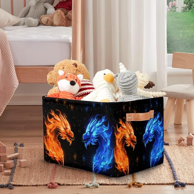 Rectangle Storage Basket with Handles, Cube Organizer Bins for Shelves Collapsible Toys Storage Box Clothes Baskets for Nursery Home Kids Room(Dragon)