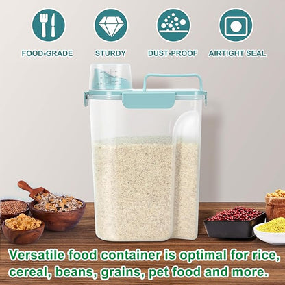 TBMax Airtight Rice Container 10 Lbs Cereal Dispenser, Small Pet Cat Dog Food Storage Container, Plastic Kitchen Pantry Food Storage Holder with Cup -Light Blue