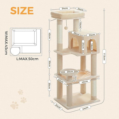 MUTTROS Cat Tree for Indoor Cats, 44.5" Multi-Level Cat Tower with Large Metal Frame Hammock, Cat Condo with 2 Scratching Posts and Top Perch for Small to Medium Cats, Beige