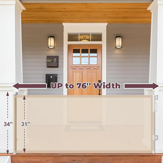 76" Retractable Baby Gates Extra Wide, Mesh Long Dog Gate for Wide Openings, Indoor Outdoor Stair Gate for Doorways Hallways Deck Porch, Child Pet Safety Essentials for Home, Beige