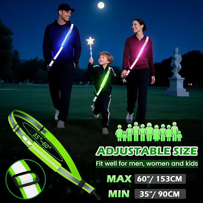 LED Reflective Belt Sash, Rechargeable LED Light Night Safety Walking Gear, High Visibility Adjustable Reflective Gear for Runners Walkers Cyclists at Night (Green)