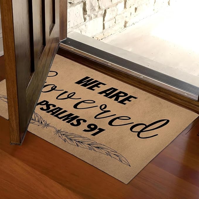 Funny Welcome Doormat (23.7 in X 15.6 in) Anti-Slip Rubber Back Entrance Way Indoor Front Porch Decor Rugs House Warming Gift (We are Covered Psalms 91)